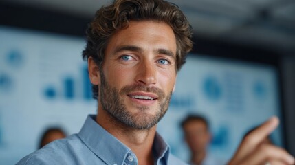 Charismatic Businessman in Presentation: A confident and engaging businessman, radiating charm and poise, captivates an audience during a dynamic presentation.
