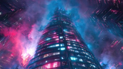 Corporate skyscraper: A spiraling neon tower reaching into the clouds, its windows displaying scrolling code in many languages; construction drones hover; neon haze and digital billboards, dramatic pe