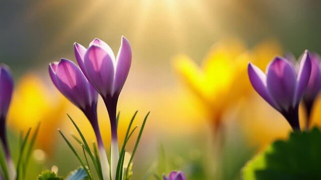 Spring garden, timelapse of flowering primroses. Spring crocuses bloom in the sun in the garden. Insects fly over flowers. Concept Spring