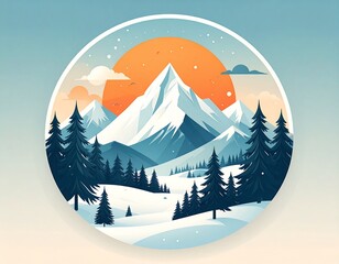 Serene winter mountain landscape illustration with a snowy peak and pine forest, framed in a circular design