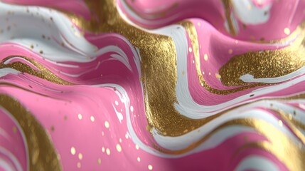 A dynamic, abstract design showcasing flowing, pink, white, and gold marbled patterns with subtle texture.