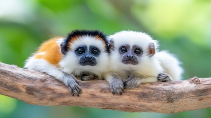 Fototapeta premium Two cute cotton top tamarins cuddled together on a tree branch.