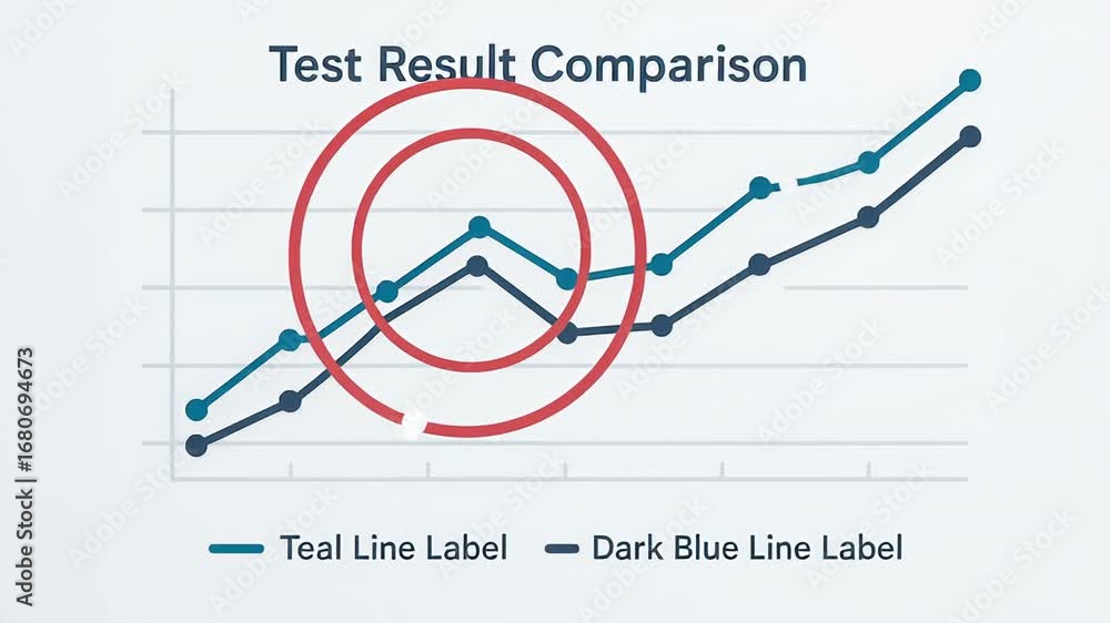 Poster test result comparison graph with teal and dark blue line charts displaying industry data trends ana