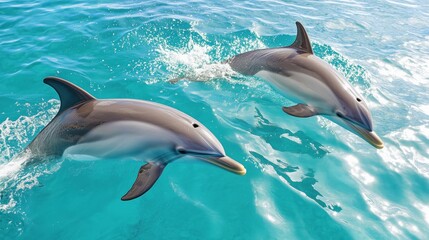 Obraz premium Two dolphins swimming close together.