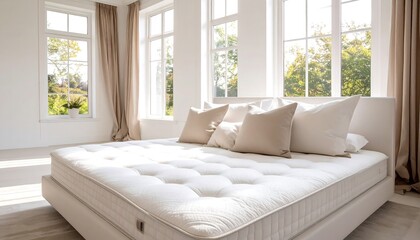 Fototapeta premium A spacious bedroom with a large, white mattress and beige bedding, bathed in natural light, showcases a tranquil atmosphere.
