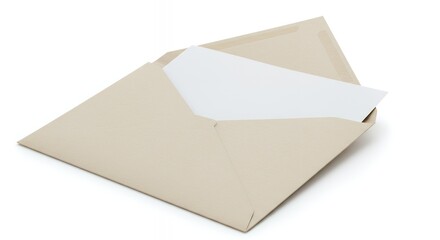 Open beige envelope with blank white paper partially visible, isolated on a white background