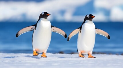 Fototapeta premium Two Gentoo penguin walk through snow