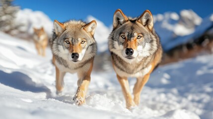 Obraz premium Two Gray Wolves in the snow in captivity