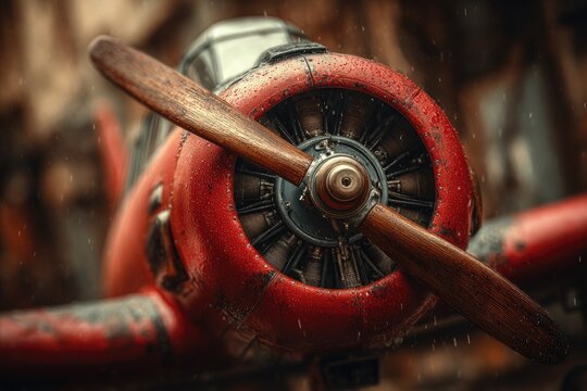 Close-up of a vintage red airplane propeller