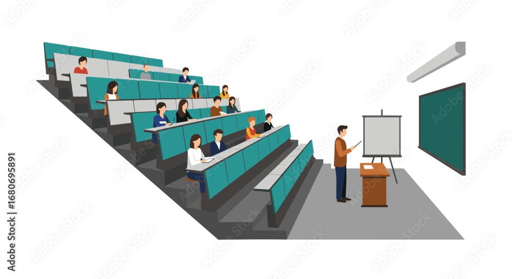 Poster university lecture hall with students engaged in learning