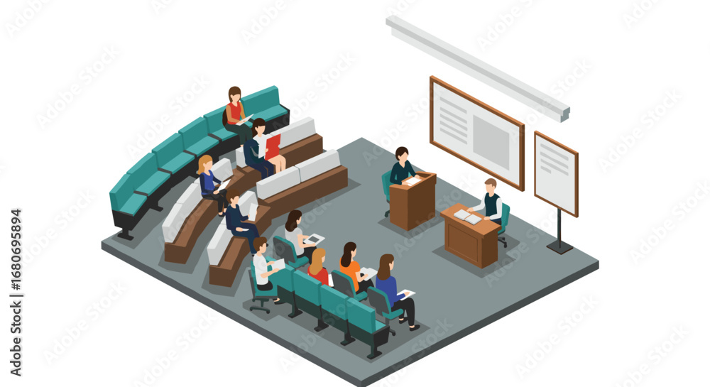 Poster isometric classroom with students and teacher in a modern lecture hall setting