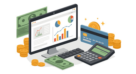 Isometric financial technology concept with graphs, calculator, and currency