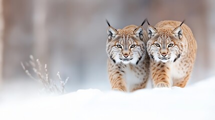 Fototapeta premium Two lynxes in love in winter - European lynx