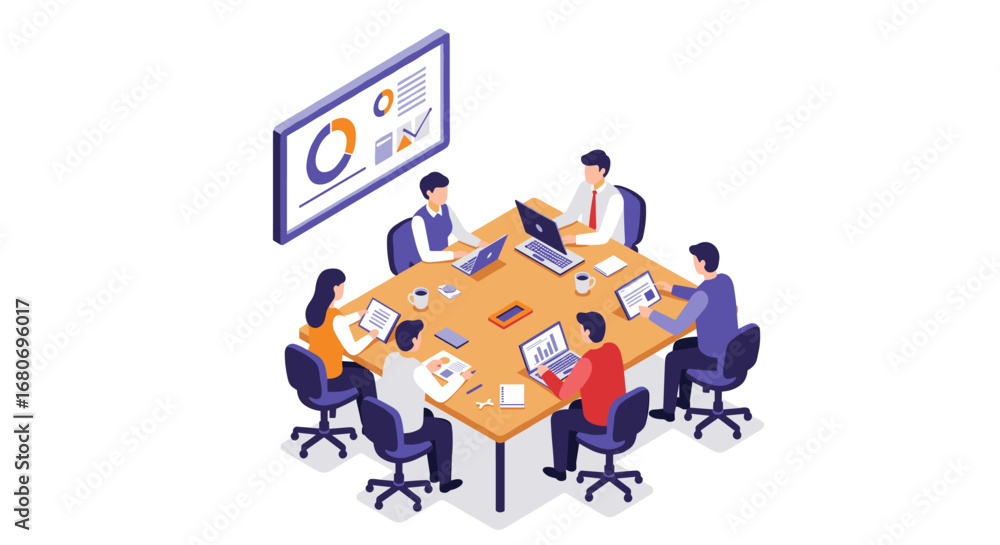 Poster collaborative office meeting in isometric style with diverse team analyzing business data
