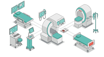 Isometric hospital technology: mri, ct scan, medical equipment, and monitoring systems