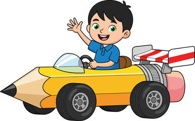 Happy Boy Driving Pencil-Shaped Race Car, Creative Kids Cartoon, Fun Learning and Education Concept, Colorful Child Illustration