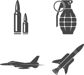 Black and white military icons set, featuring bullets, grenade, jet fighter, and missile rocket, isolated vector illustration on white