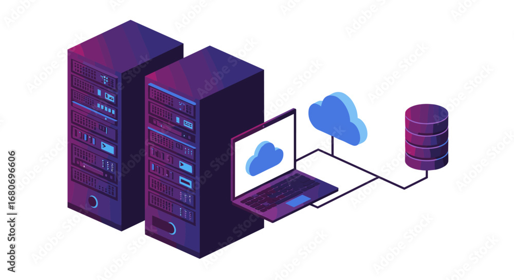 Poster isometric data center with cloud computing and network connectivity elements