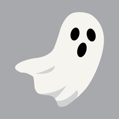 Vector illustration of a spooky white ghost with black eyes and mouth floating on a gray background. Cartoon style design perfect for Halloween party decoration, haunted posters, seasonal greeting 