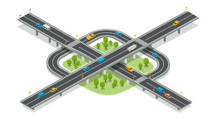 Modern isometric highway with cars and trees on overpass intersection