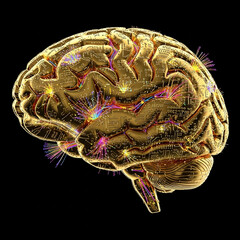 anatomically correct brain model in pure gold, integrated circuit board texture, quantum computing elements, synapses as fiber optic cables, matte black void background, scientific . Generative AI.