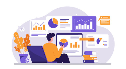 Obraz premium Business data analysis concept with graphs and charts in flat style