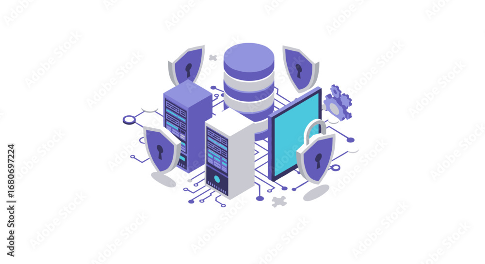 Poster isometric cybersecurity concept with servers and shields in digital network