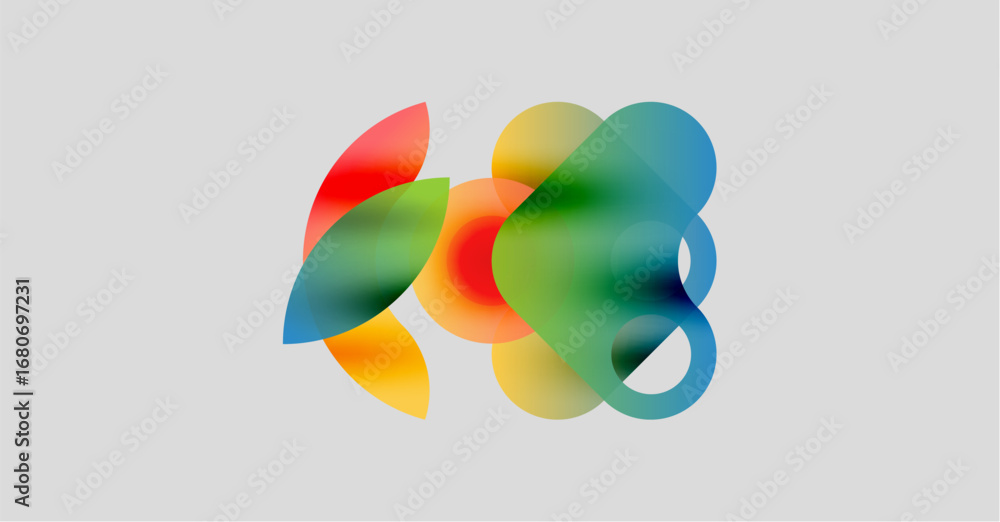 Poster abstract colorful shapes overlap, creating vibrant visual effect. soft gradients blend hues, forming
