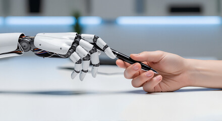 Transfer modern office tasks, observe a human hand handing pen to robotic hand, with copy space on table. Pen exchange highlights integration between artificial intelligence and human collaboration.