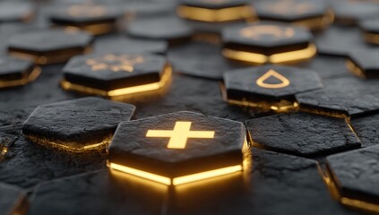 Illuminated hexagonal grid with symbols