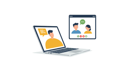 Obraz premium Virtual meeting communication with laptop and video call window illustration