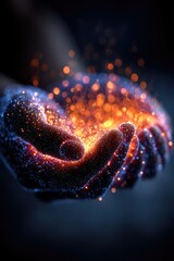 Glowing particles held in cupped hands