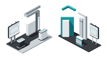 Obraz premium Isometric trade show booths with modern design elements and digital displays