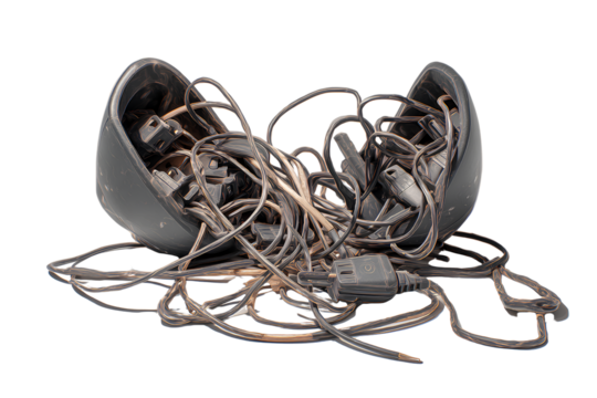 Split Cable Organizer with Tangled Cables, Angled Side View, Isolated on Transparent Background