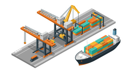 Modern isometric port with cargo ship and cranes for efficient maritime logistics
