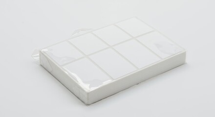 Stack of white rectangular self-adhesive labels in clear plastic packaging on a white background