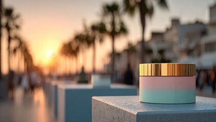 Pastel jar on pedestal, sunset backdrop