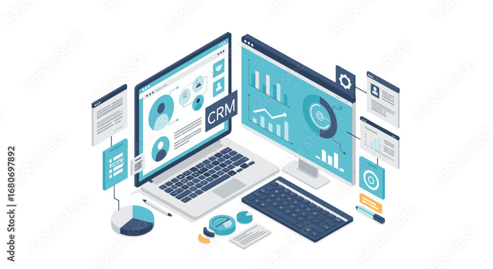 Poster modern isometric crm dashboard with data analytics and charts