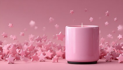 Pink candle surrounded by pink stars on a pink background