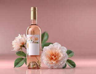 Pale pink wine bottle with floral label and roses