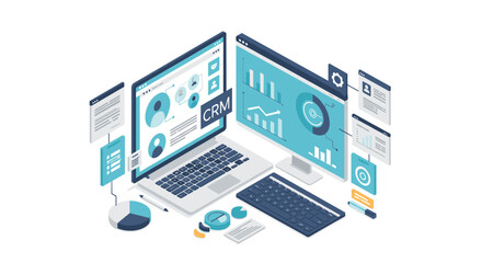 Modern isometric crm dashboard with data analytics and charts