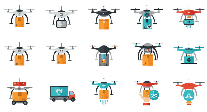 Variety of delivery drones with packages and technology icons in flat design