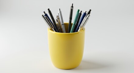 Bright Yellow Pen Holder with Assorted Pens and Pencils on White Background