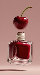 A single, ripe cherry hovers above a square bottle of dark red nail polish against a muted pink backdrop