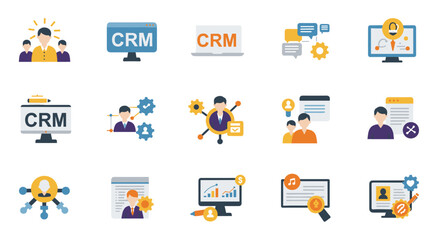 Comprehensive crm systems icons for business management and customer interaction
