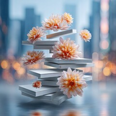 Floating peach dahlias atop a stack of white books against a blurred city backdrop