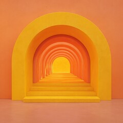 Orange and yellow arched hallway leading to light