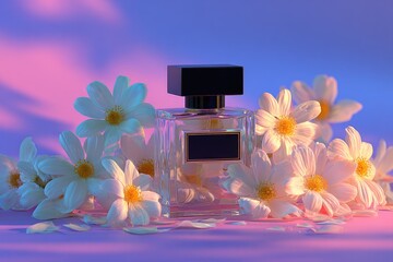 Perfume bottle amidst white flowers, vibrant background