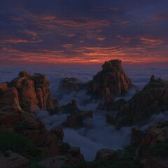 Red rock formations rise from a sea of clouds at sunset