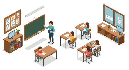 Isometric classroom scene with teacher and students engaged in learning activities